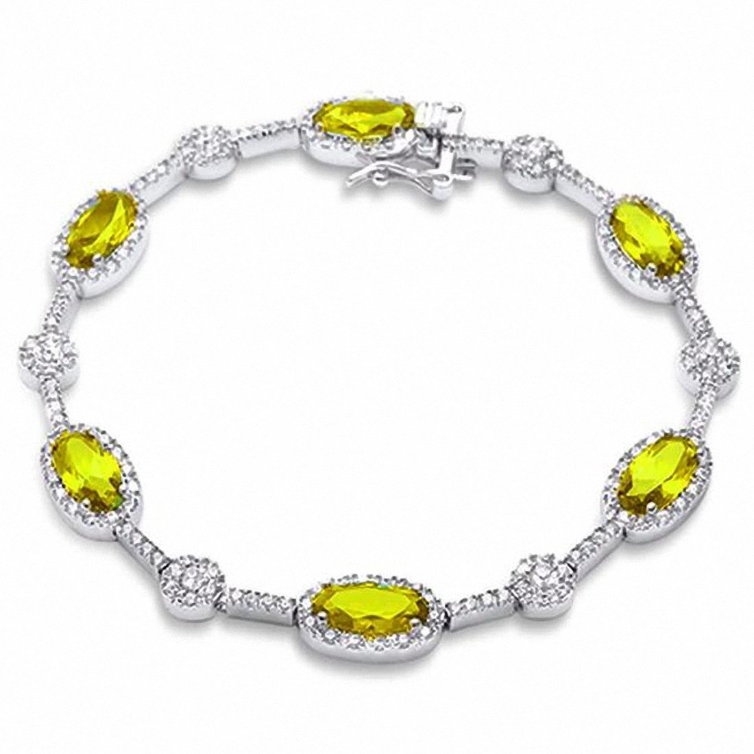 Halo Fancy 7" Bracelet Oval Simulated Emerald Round Cubic Zirconia 925 Sterling Silver Choose Color