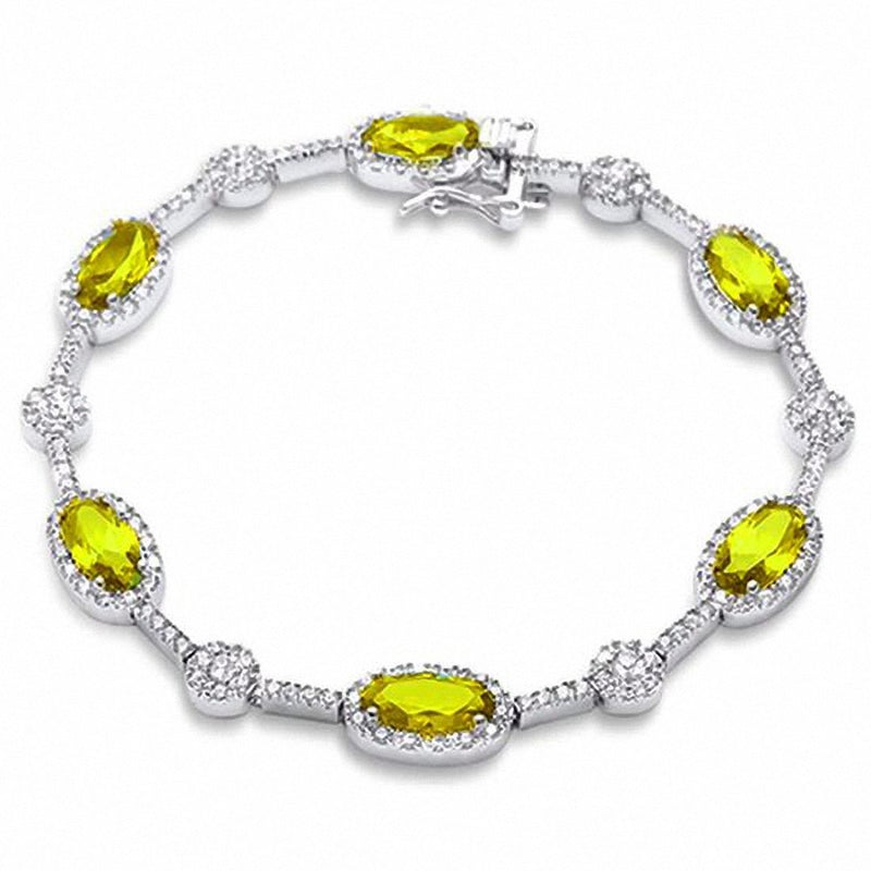 Halo Fancy 7" Bracelet Oval Simulated Emerald Round Cubic Zirconia 925 Sterling Silver Choose Color