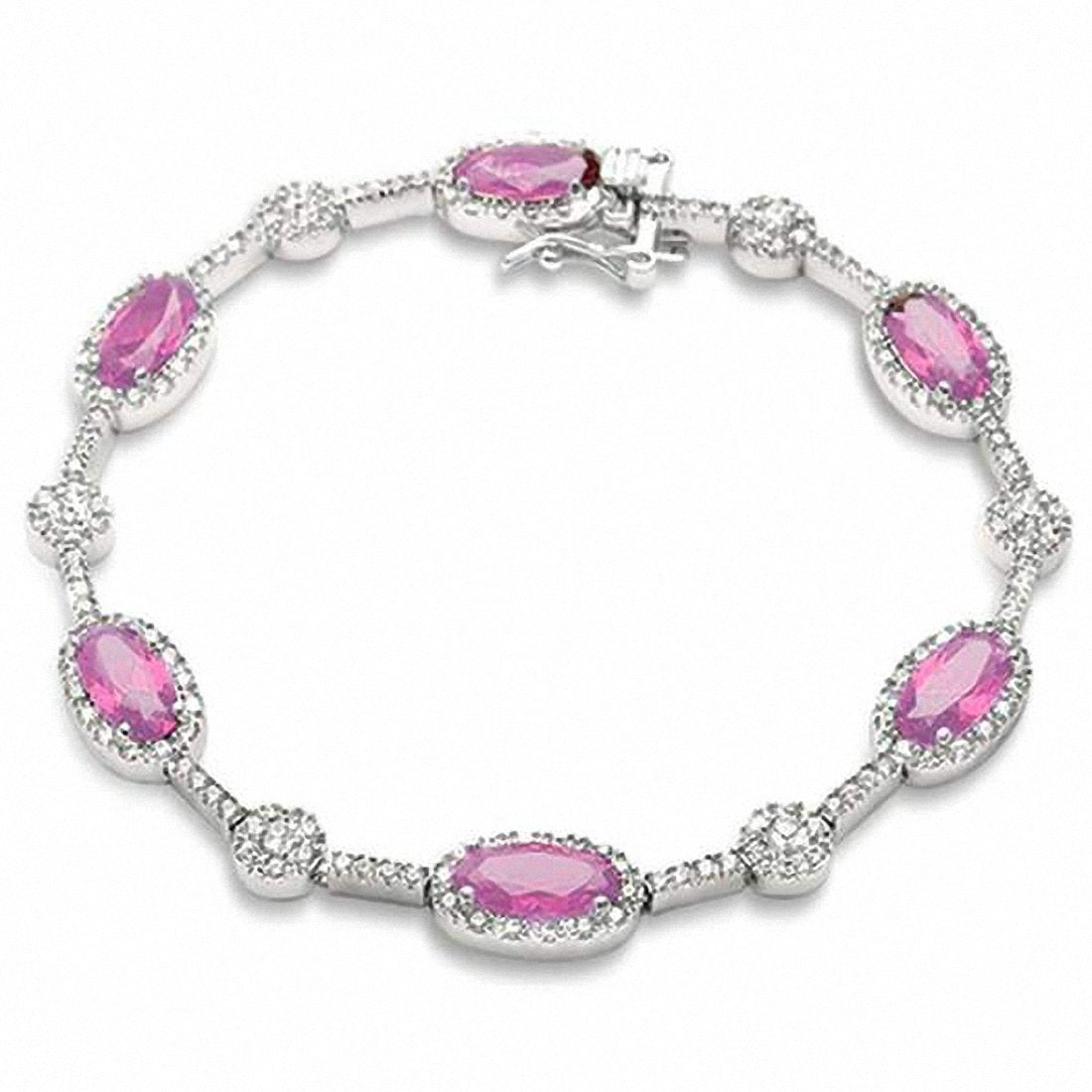 Halo Fancy 7" Bracelet Oval Simulated Emerald Round Cubic Zirconia 925 Sterling Silver Choose Color