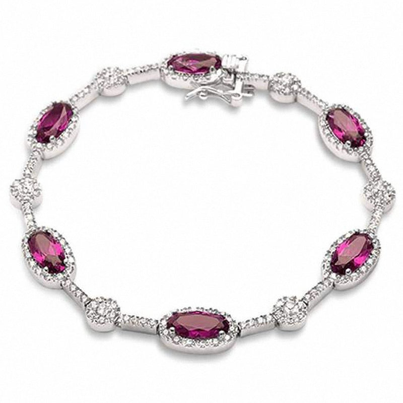 Halo Fancy 7" Bracelet Oval Simulated Emerald Round Cubic Zirconia 925 Sterling Silver Choose Color