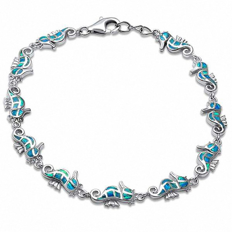 Seahorse Bracelet Created Opal 925 Sterling Silver