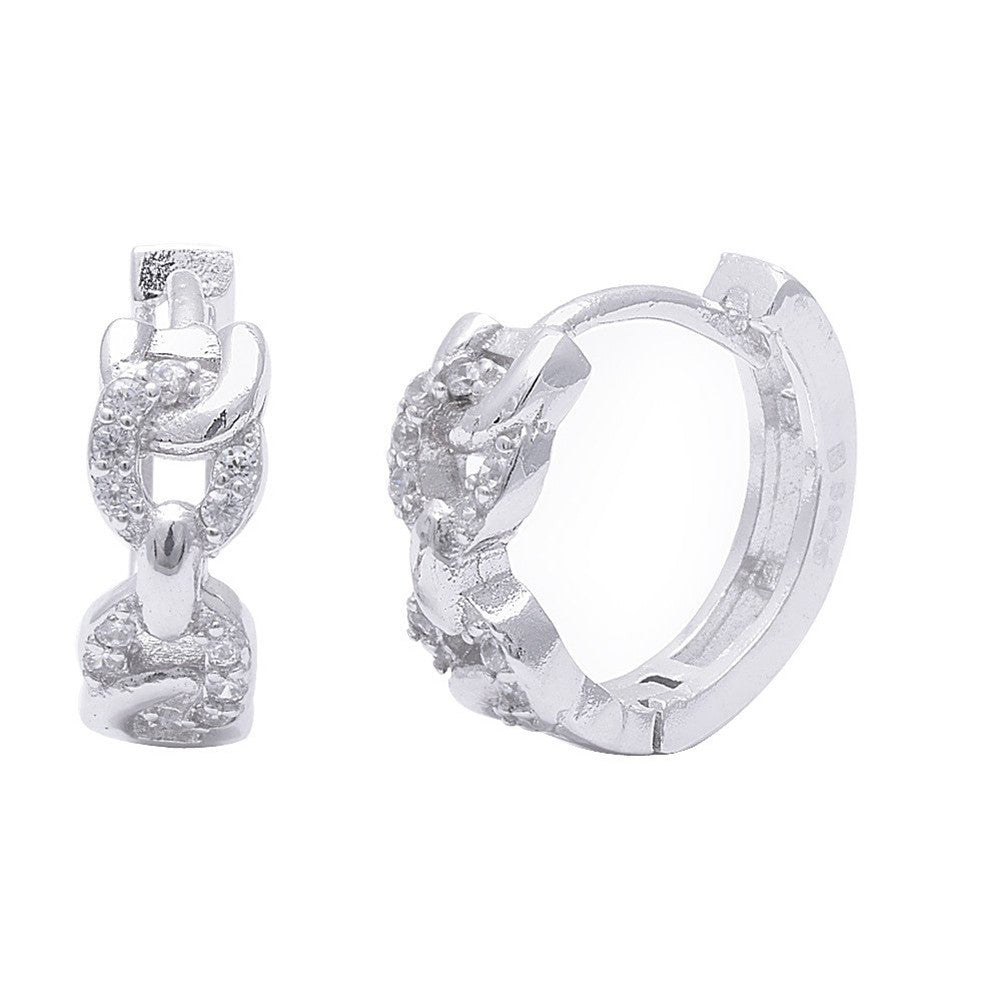 12mm Interlocking Chain Design Hoop Earrings Round Pave Cubic Zirconia 925 Sterling Silver - Blue Apple Jewelry