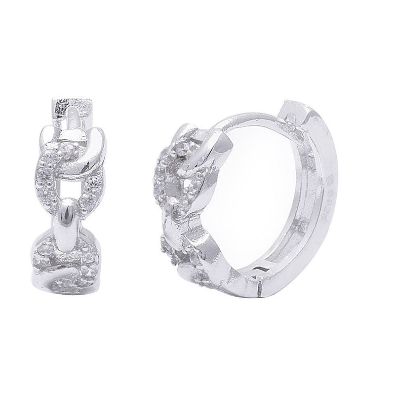 12mm Interlocking Chain Design Hoop Earrings Round Pave Cubic Zirconia 925 Sterling Silver - Blue Apple Jewelry