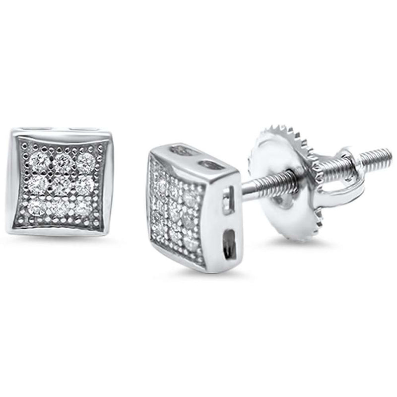 6mm Square Kite Earrings Screwback Men Women Unisex Hip Hop 925 Sterling Silver Round Pave Ice CZ - Blue Apple Jewelry