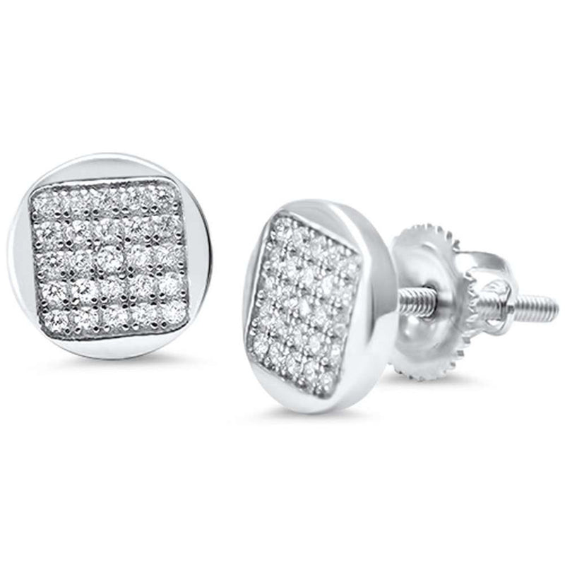 8mm Square Earrings Round Cubic Zirconia 925 Sterling Silver Button Design Unisex Men Women Screwback - Blue Apple Jewelry