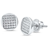 8mm Square Earrings Round Cubic Zirconia 925 Sterling Silver Button Design Unisex Men Women Screwback