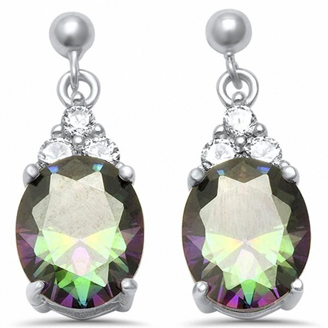 Dangling Earrings Oval Lab Blue Opal & Round CZ 925 Sterling Silver Choose Color