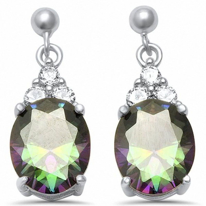 Dangling Earrings Oval Lab Blue Opal & Round CZ 925 Sterling Silver Choose Color