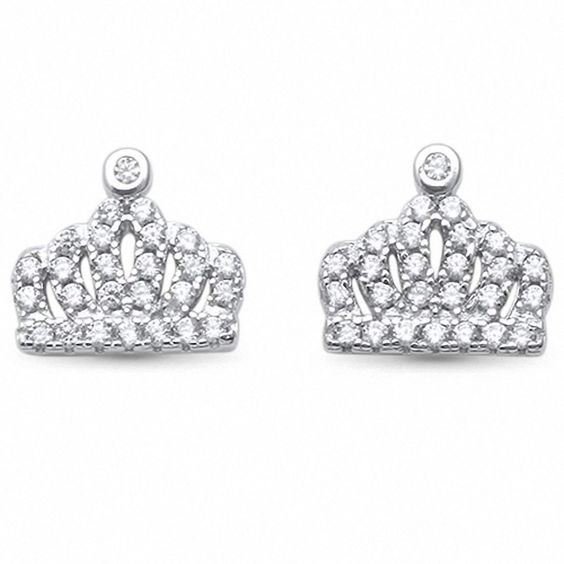 Crown Stud Earrings Round Pave Cubic Zirconia 925 Sterling Silver Crown Earrings Choose Color