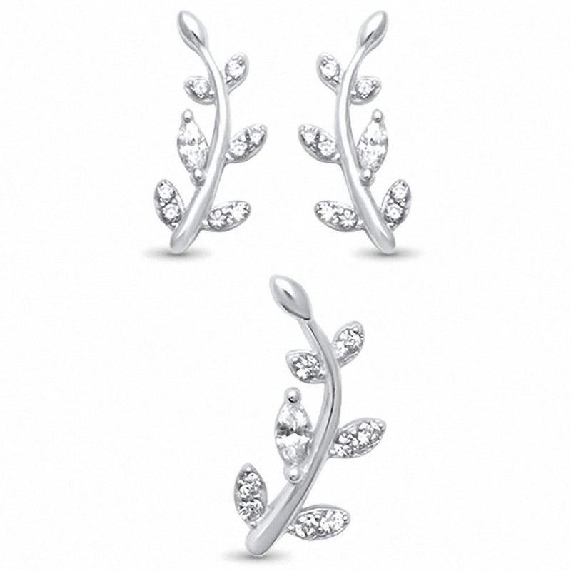 Olive Branch Jewelry Set Cubic Zirconia 925 Sterling Silver Pendant Earring