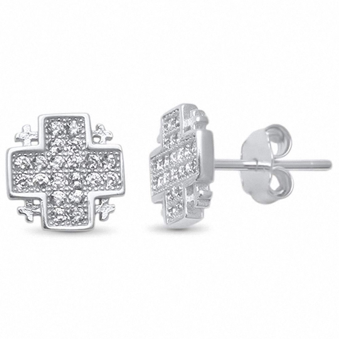 Cross Stud Earrings Round Pave Cubic Zirconia 925 Sterling Silver Choose Color