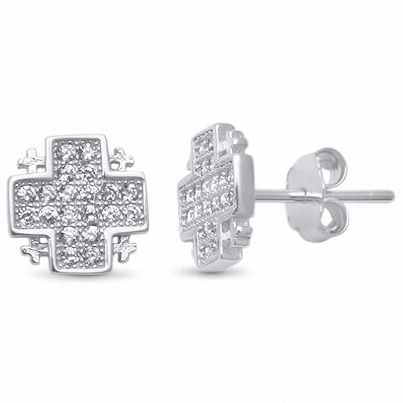 Cross Stud Earrings Round Pave Cubic Zirconia 925 Sterling Silver Choose Color