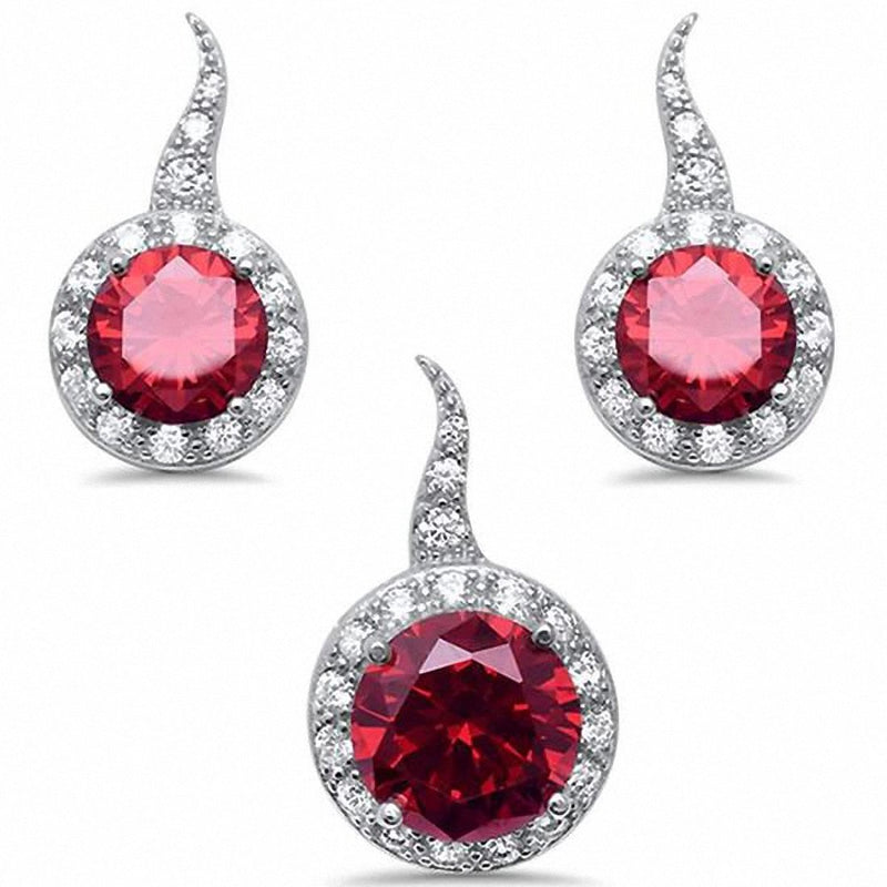 Halo Jewelry Set Pendant Earring Round Simulated Ruby CZ 925 Sterling Silver