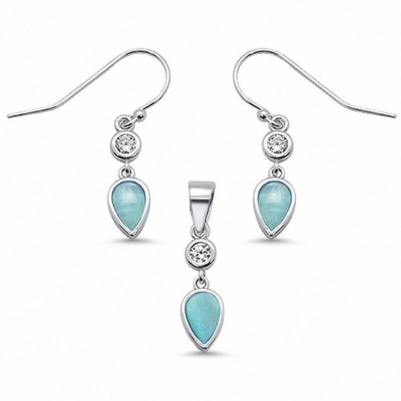 Teardrop Pear Fishhook Earrings Lab Created Opal Jewelry Set 925 Sterling Silver