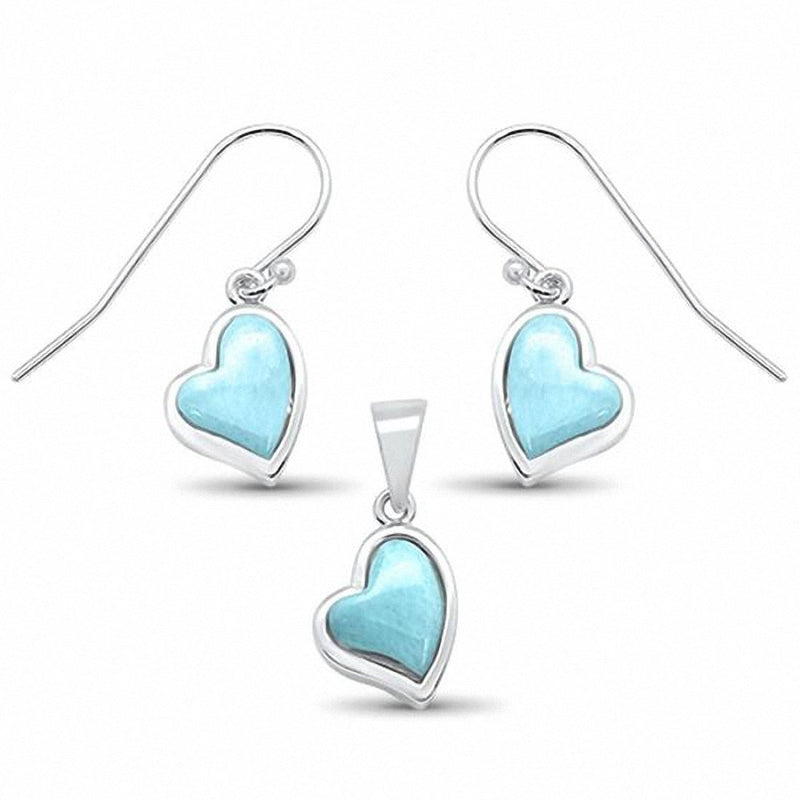 Heart Jewelry Set Pendant Lab Created Larimar Fishhook Earring 925 Sterling Silver