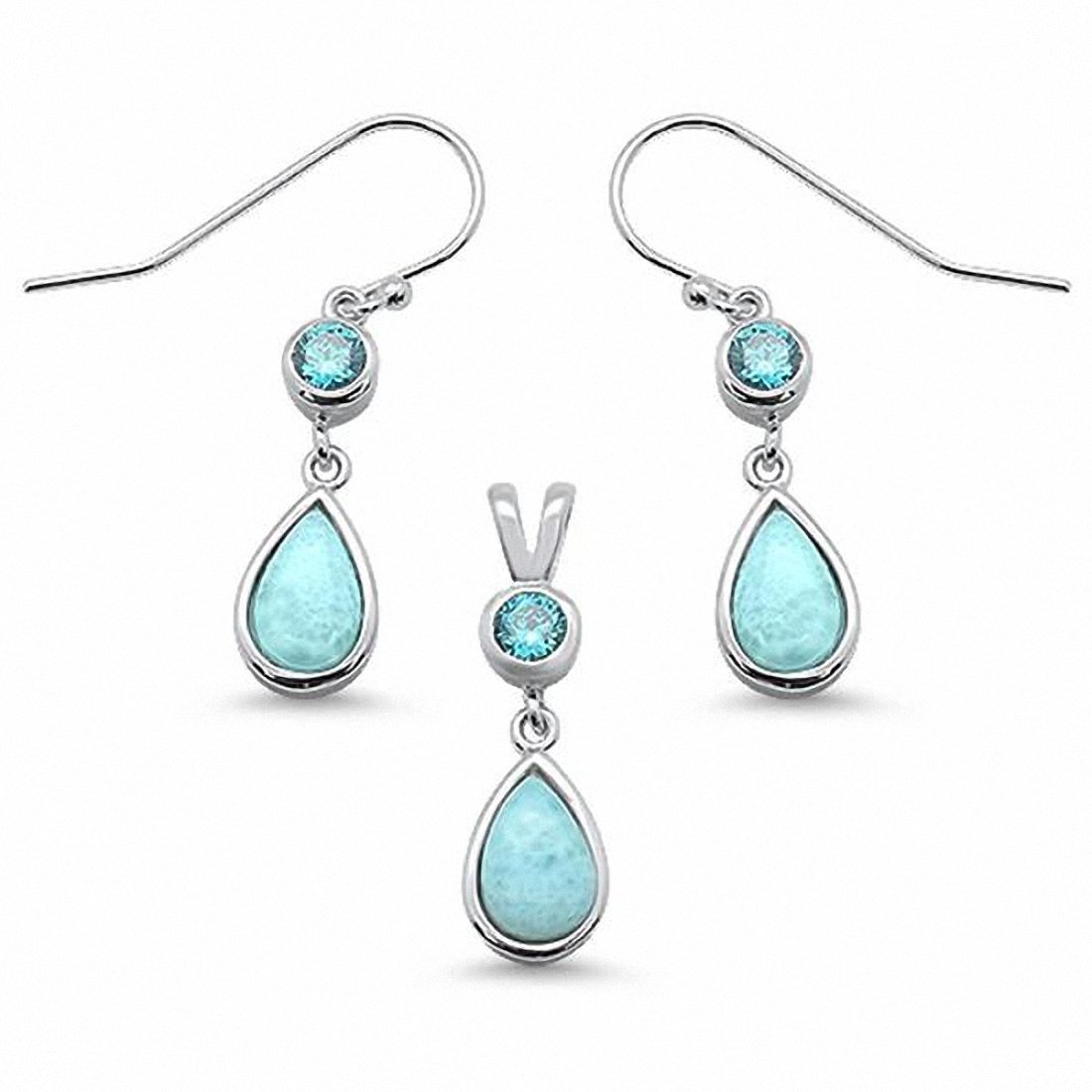 Jewelry Set Pear Round Simulated Aquamarine Pear Larimar 925 Sterling Silver