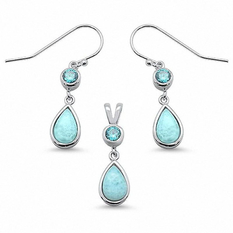 Jewelry Set Pear Round Simulated Aquamarine Pear Larimar 925 Sterling Silver