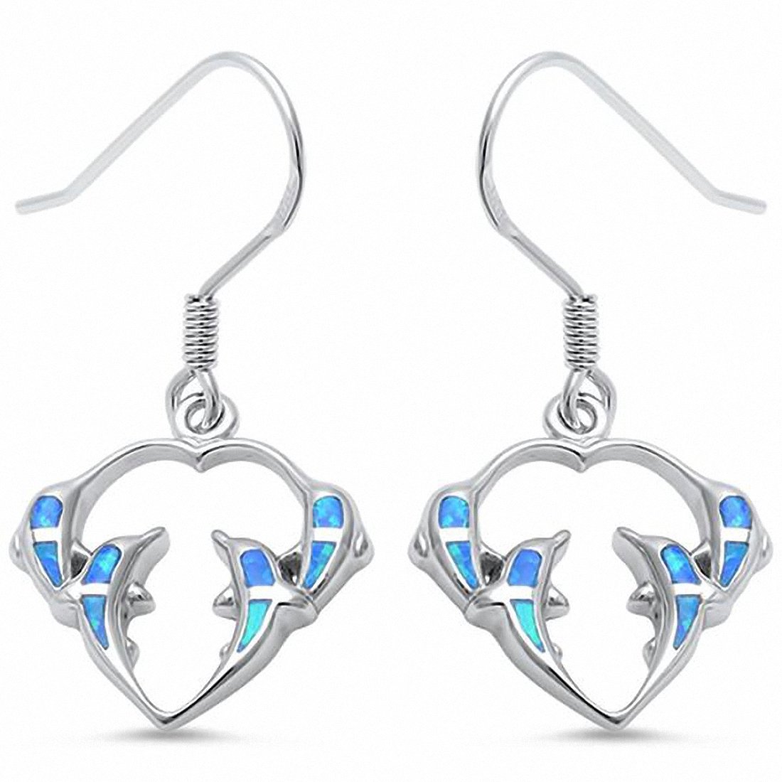 Fishhook Dolphin Earrings Created Opal 925 Sterling Silver