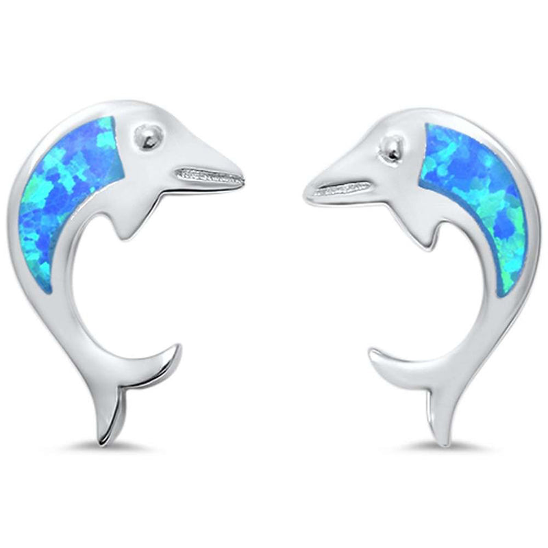 Dolphin Stud Earrings Lab Created Blue Opal 925 Sterling Silver Dolphin Earrings 9mm - Blue Apple Jewelry