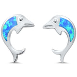 Dolphin Stud Earrings Lab Created Blue Opal 925 Sterling Silver  (9mm)