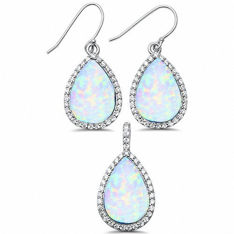 Halo Jewelry Set Pendant Earring Matching Set Wedding Bridal Lab Created Opal .925 Sterling Silver