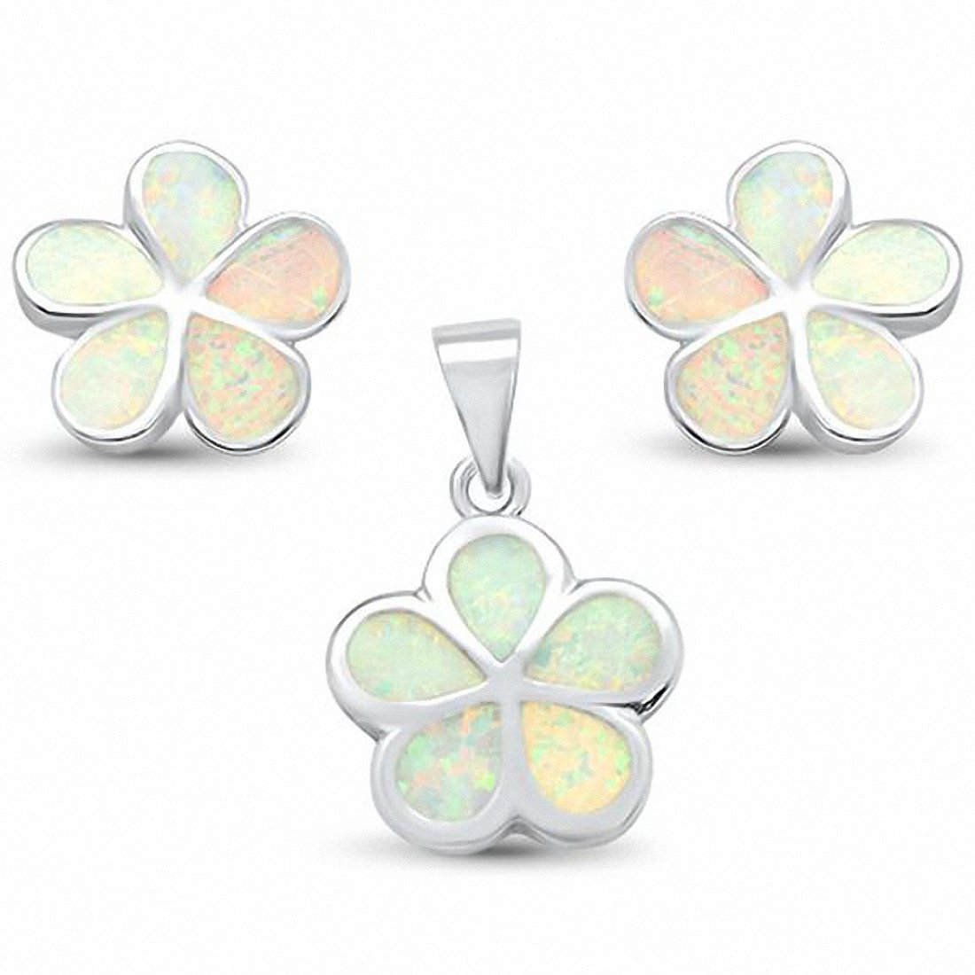 Plumeria Jewelry Set Lab Created Opal 925 Sterling Silver