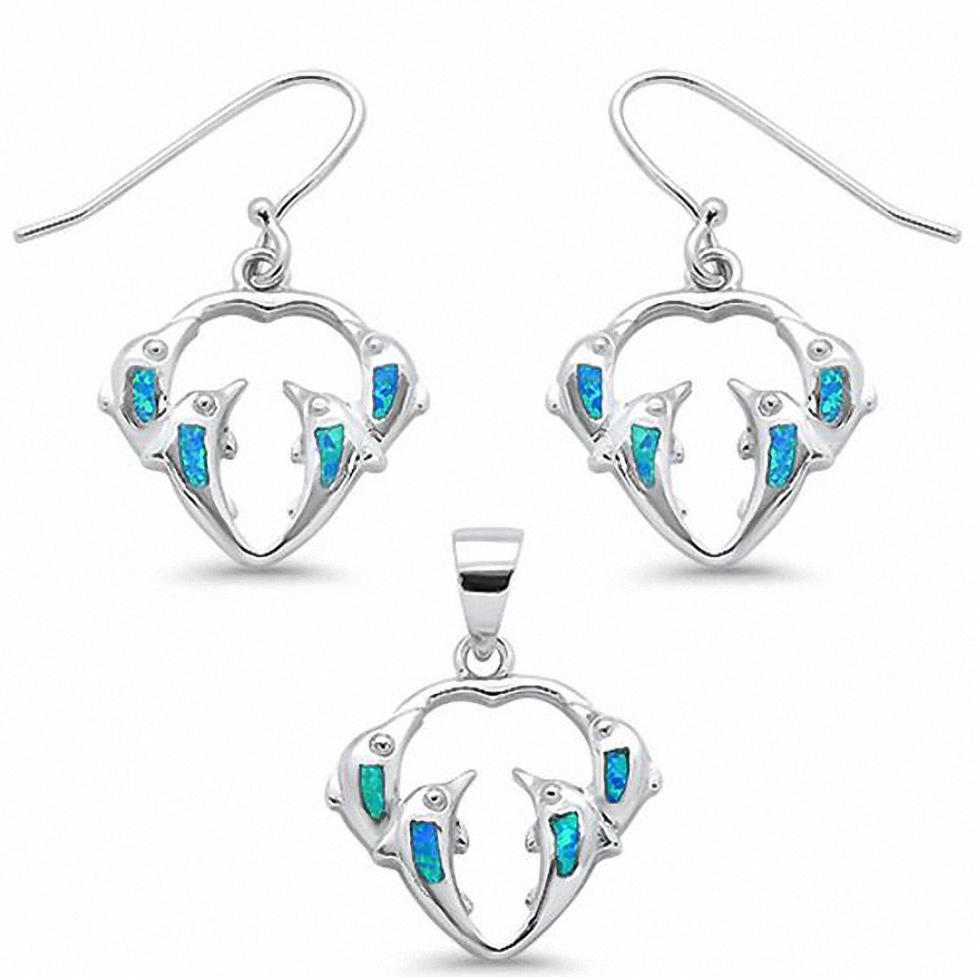 Dolphin Jewelry Set Pendant Fishhook Earrings 925 Sterling Silver