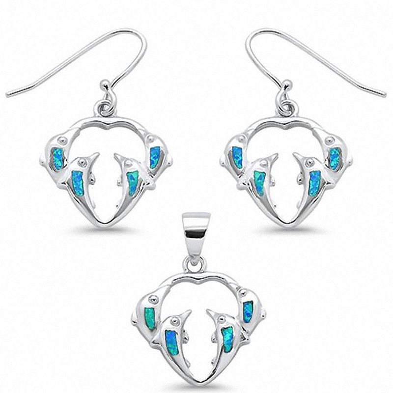 Dolphin Jewelry Set Pendant Fishhook Earrings 925 Sterling Silver