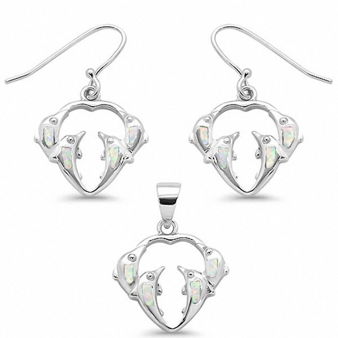Dolphin Jewelry Set Pendant Lab Created Opal Fishhook Earrings 925 Sterling Silver
