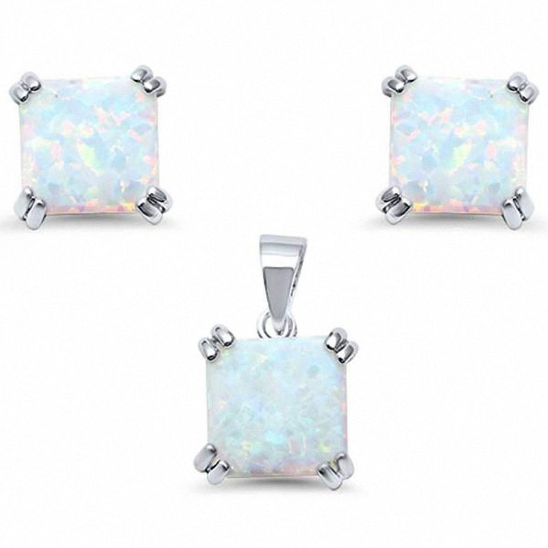 Double Prong Jewelry Set Square Cushion Created Opal 925 Sterling Silver Choose Color