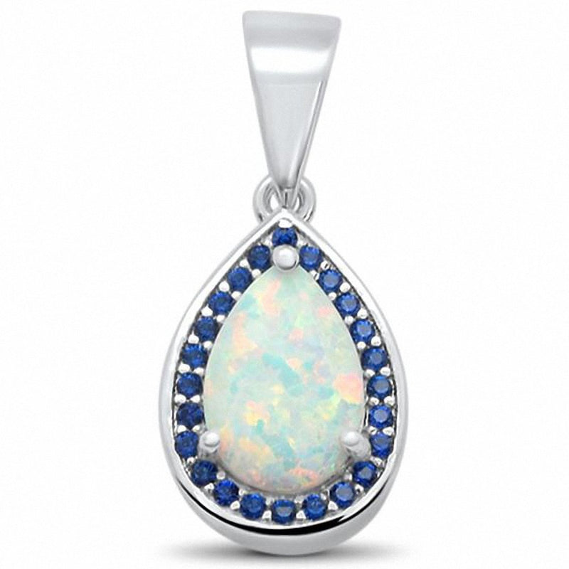 Halo Pendant Pear Teardrop Created Opal 925 Sterling Silver