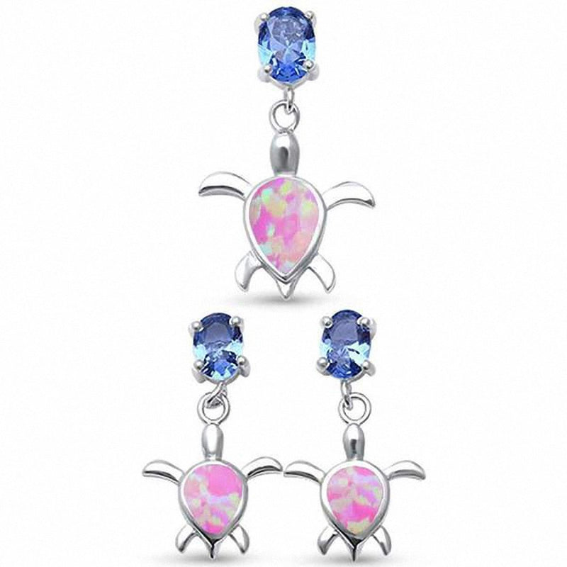 Turtle Jewelry Set Lab Created Opal Oval Simulated Tanzanite Pendant Earring 925 Sterling Silver