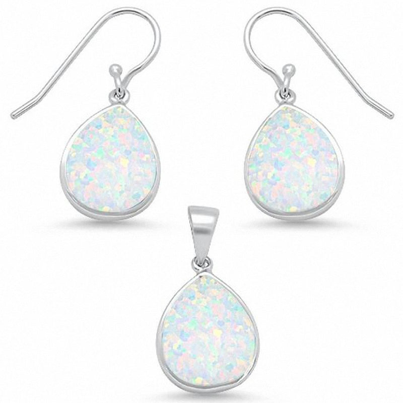 Jewelry Teardrop Pear Shape Set Lab Created White Opal 925 Sterling Silver