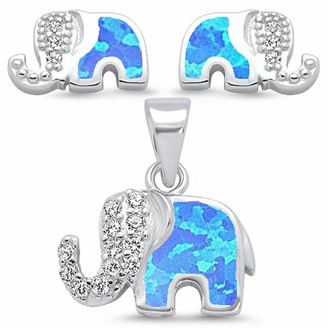 Elephant Jewelry Set Pendant Earring Lab Created Opal 925 Sterling Silver