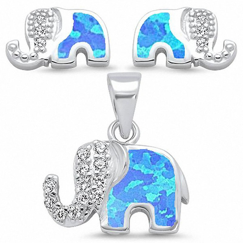 Elephant Jewelry Set Pendant Earring Lab Created Opal 925 Sterling Silver