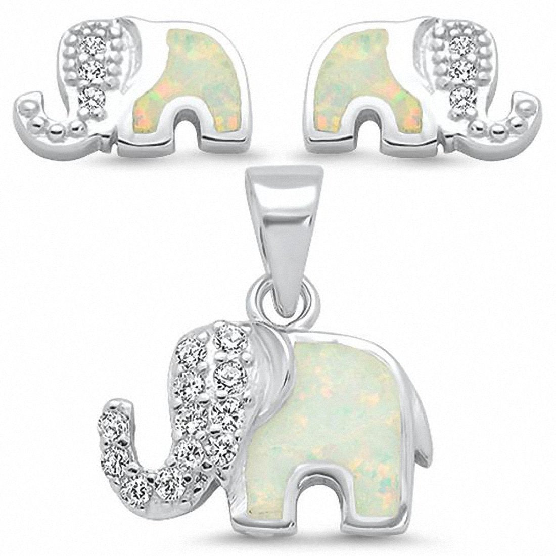Elephant Jewelry Set Pendant Earring Lab Created Opal 925 Sterling Silver