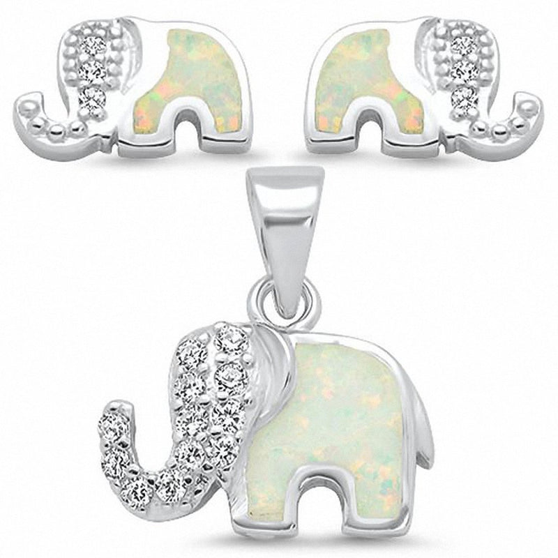 Elephant Jewelry Set Pendant Earring Lab Created Opal 925 Sterling Silver