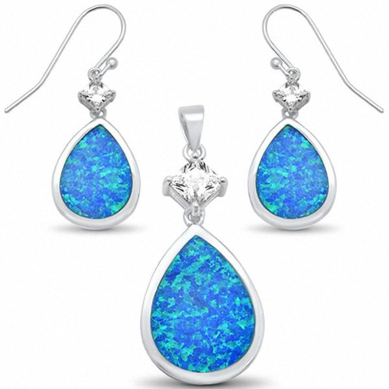 Teardrop Pear Jewelry Set Princess Cut Lab Created Opal 925 Sterling silver