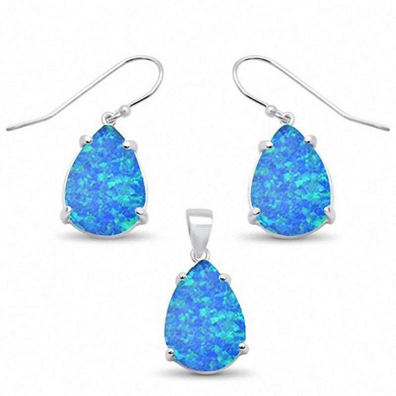 Jewelry Set Teardrop Pear Lab Created Opal 925 Sterling Silver