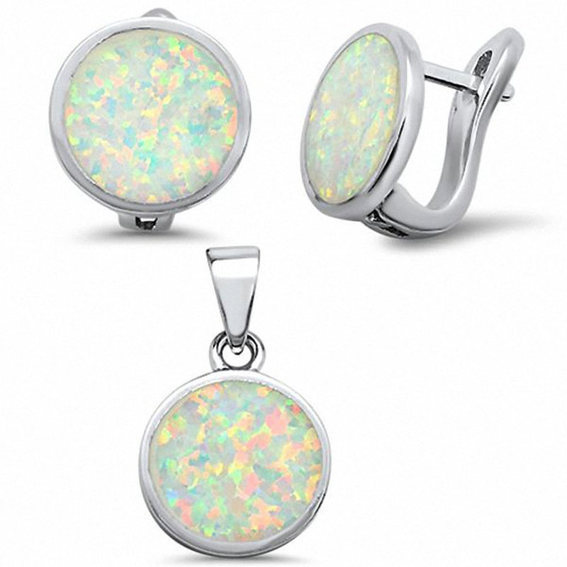 Jewelry Set Button Half Ball Moon Earring Pendant Lab Created Opal 925 Sterling Silver