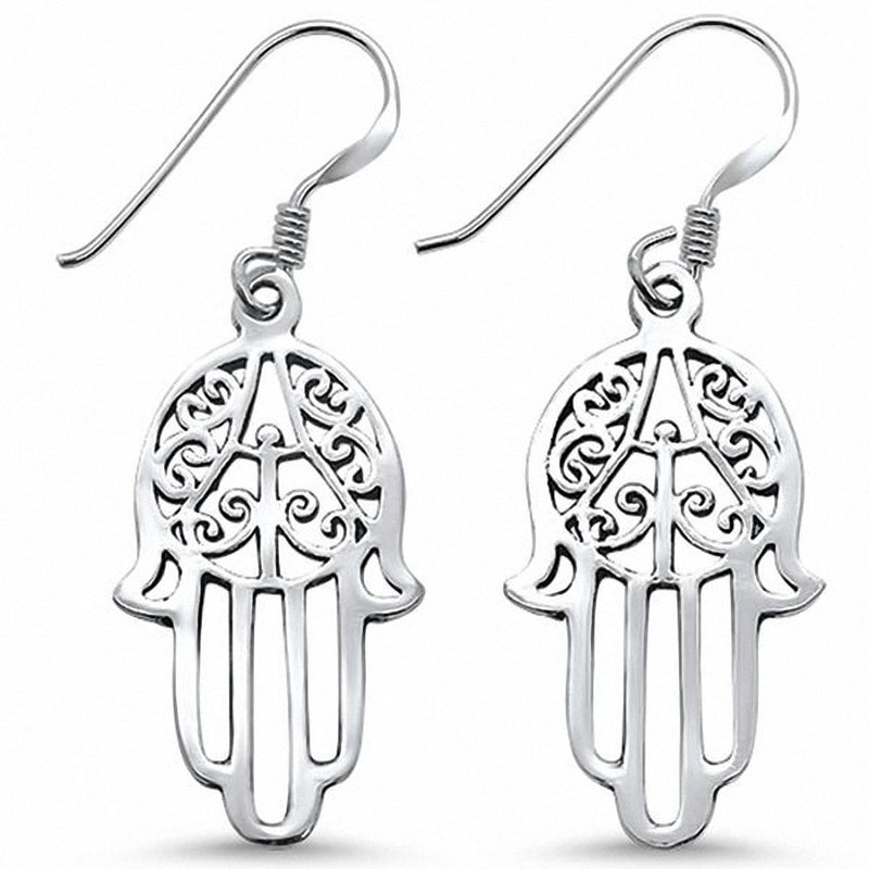 Hamsa Hand of God Fishhook Dangling Earrings 925 Sterling Silver