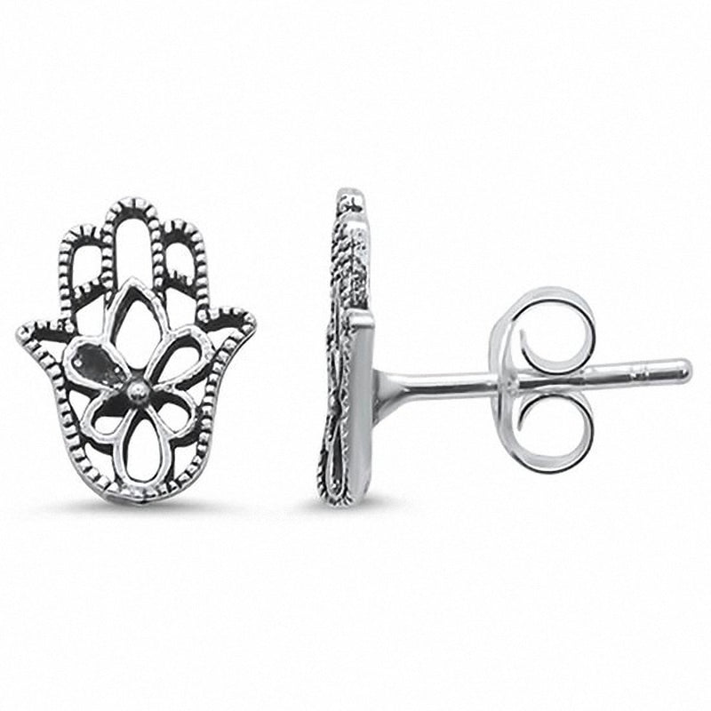Hamsa Hand of God Stud Earrings 925 Sterling Silver