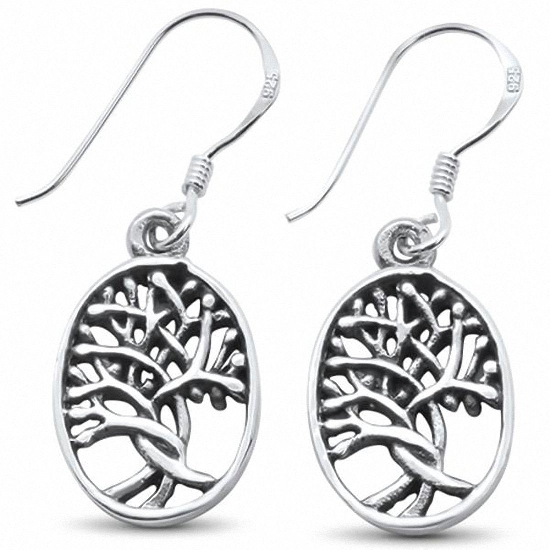 Fishhook Dangling Oval Tree of Life Earrings 925 Sterling Silver