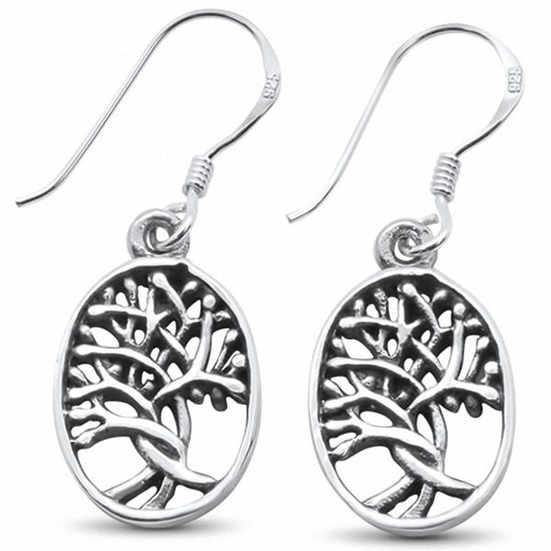 Fishhook Dangling Oval Tree of Life Earrings 925 Sterling Silver
