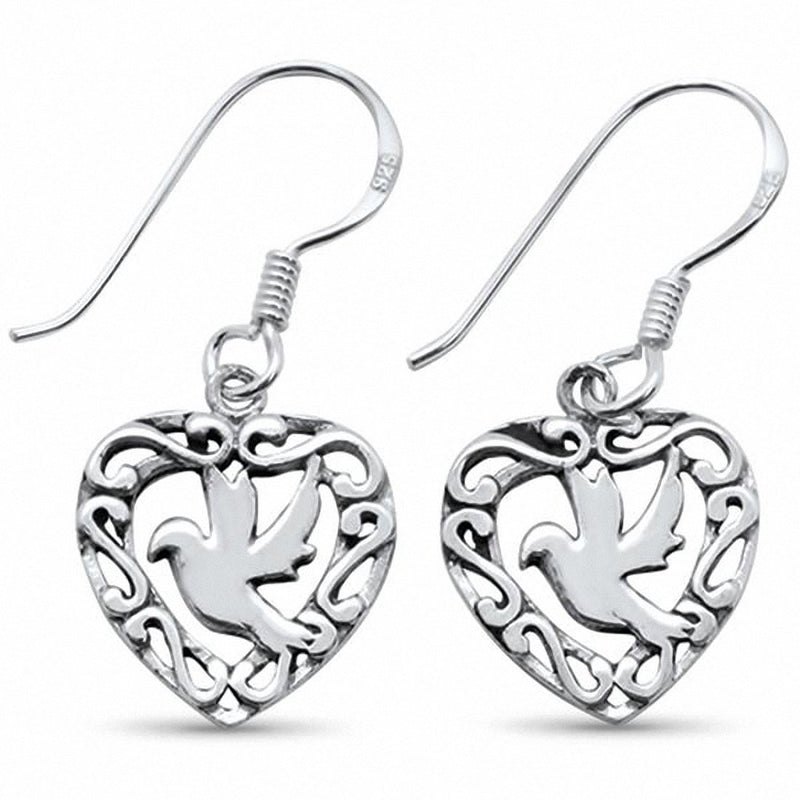 Fishhook Dangling Heart Dove Bird Earrings Solid 925 Sterling Silver Choose Color