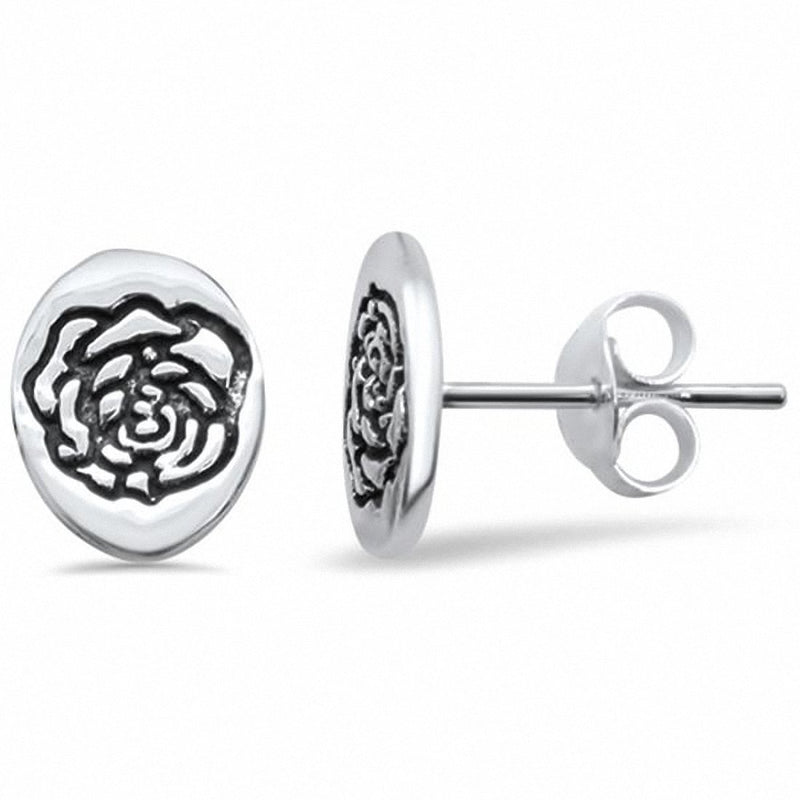 Plain Rose Flower Stud Earrings Solid 925 Sterling Silver
