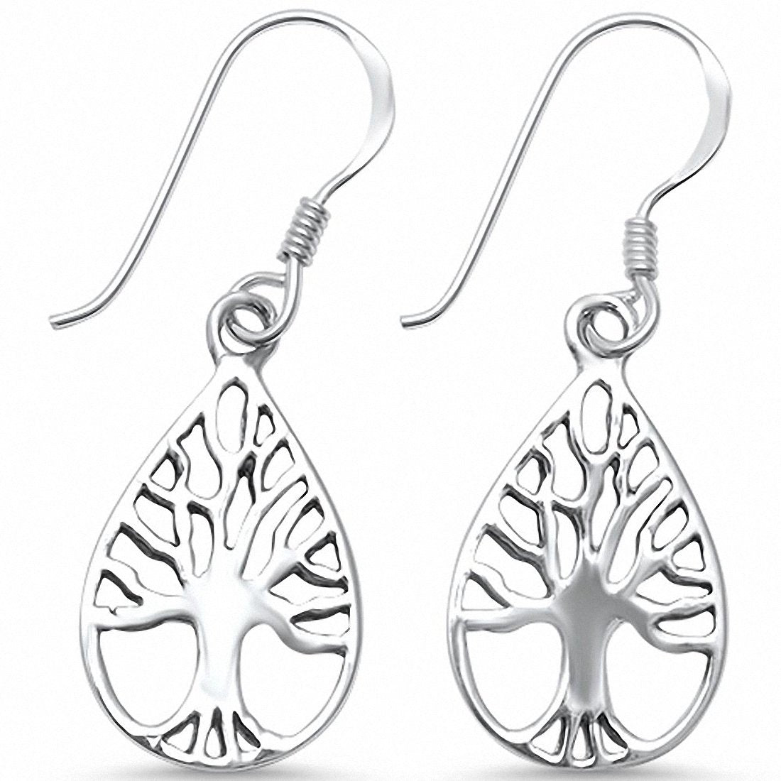 Pear Teardrop Tree of Life Fish Hook Earrings 925 Sterling Silver Plain Choose Color