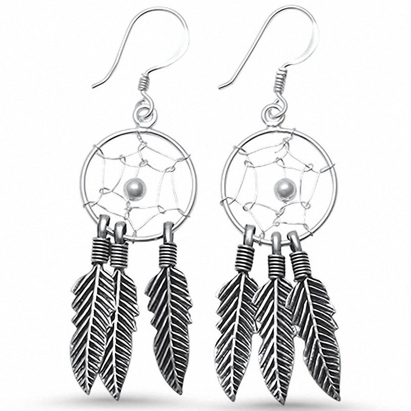 Dream catcher Feather Drop Dangle Earrings 925 Sterling Silver Fish Hook