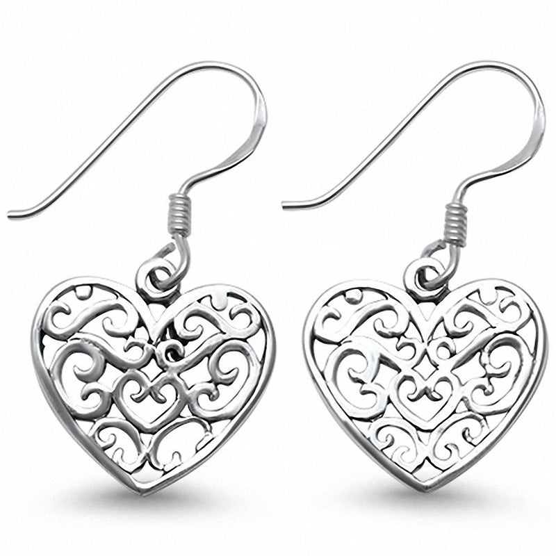 Heart Filigree Drop Dangle Earrings 925 Sterling Silver Fish Hook
