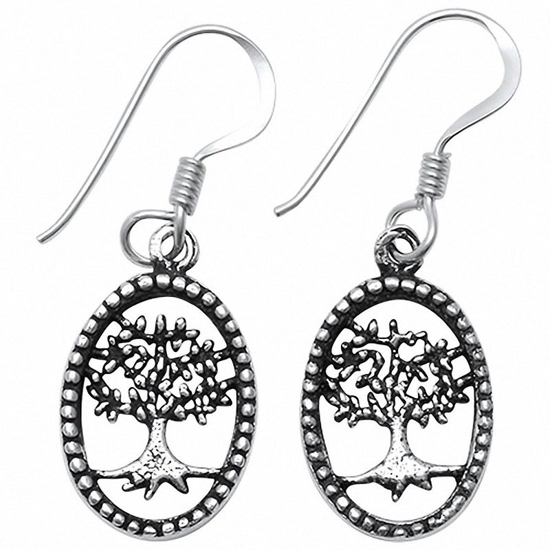 Plain Oval Dangling Tree of Life Earrings 925 Sterling Silver Fish Hook